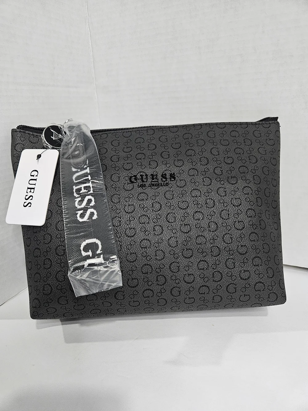 GUESS Men  Black Gray Monogram Wristlet Clutch with Branded Strap